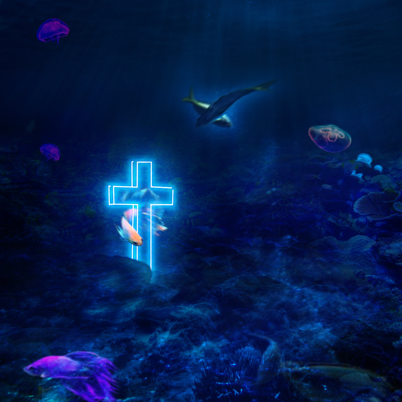 Glowing cross underwater among jellyfish and fish