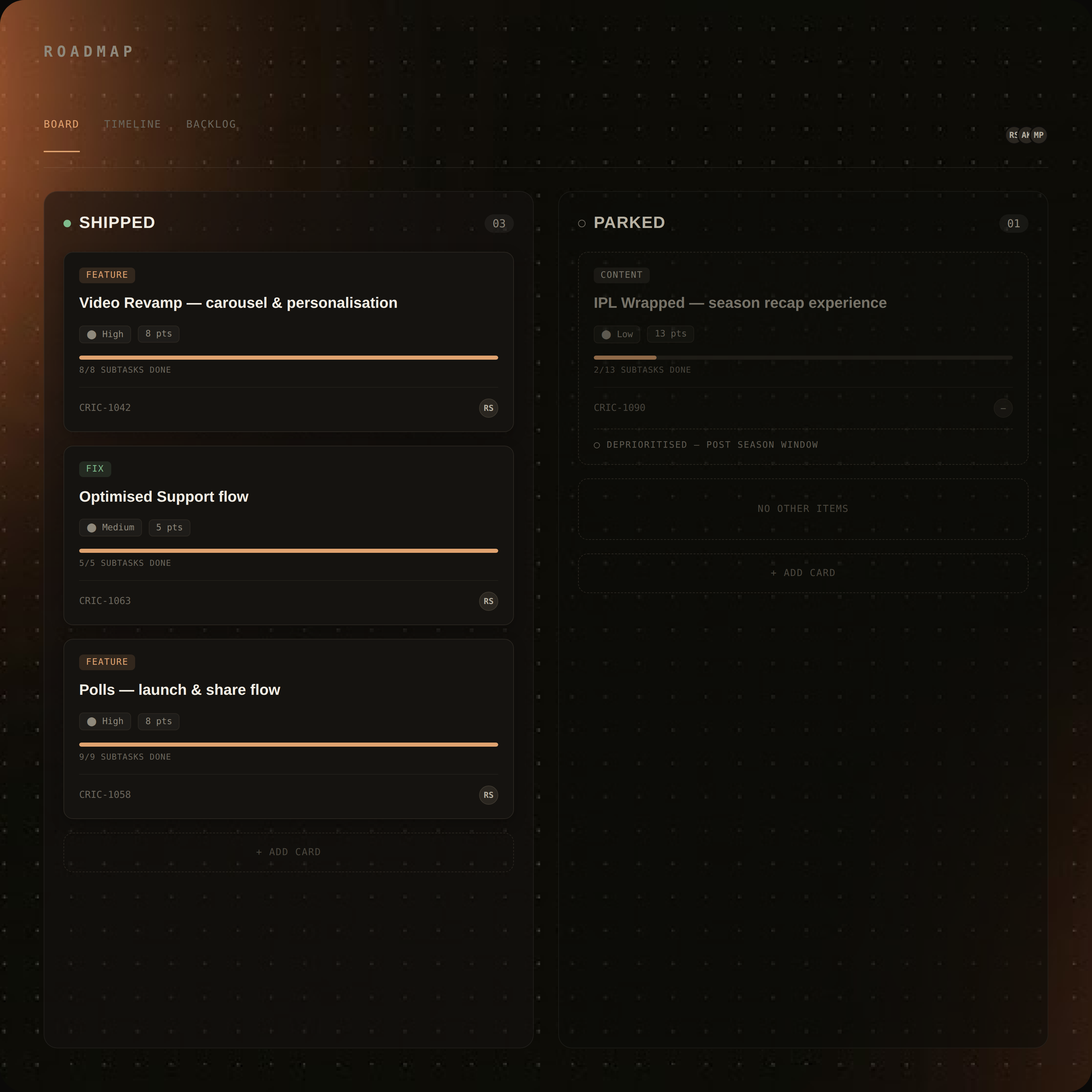 Internal roadmap board — Shipped column with Video Revamp, Support flow, Polls; Parked column with IPL Wrapped deprioritised