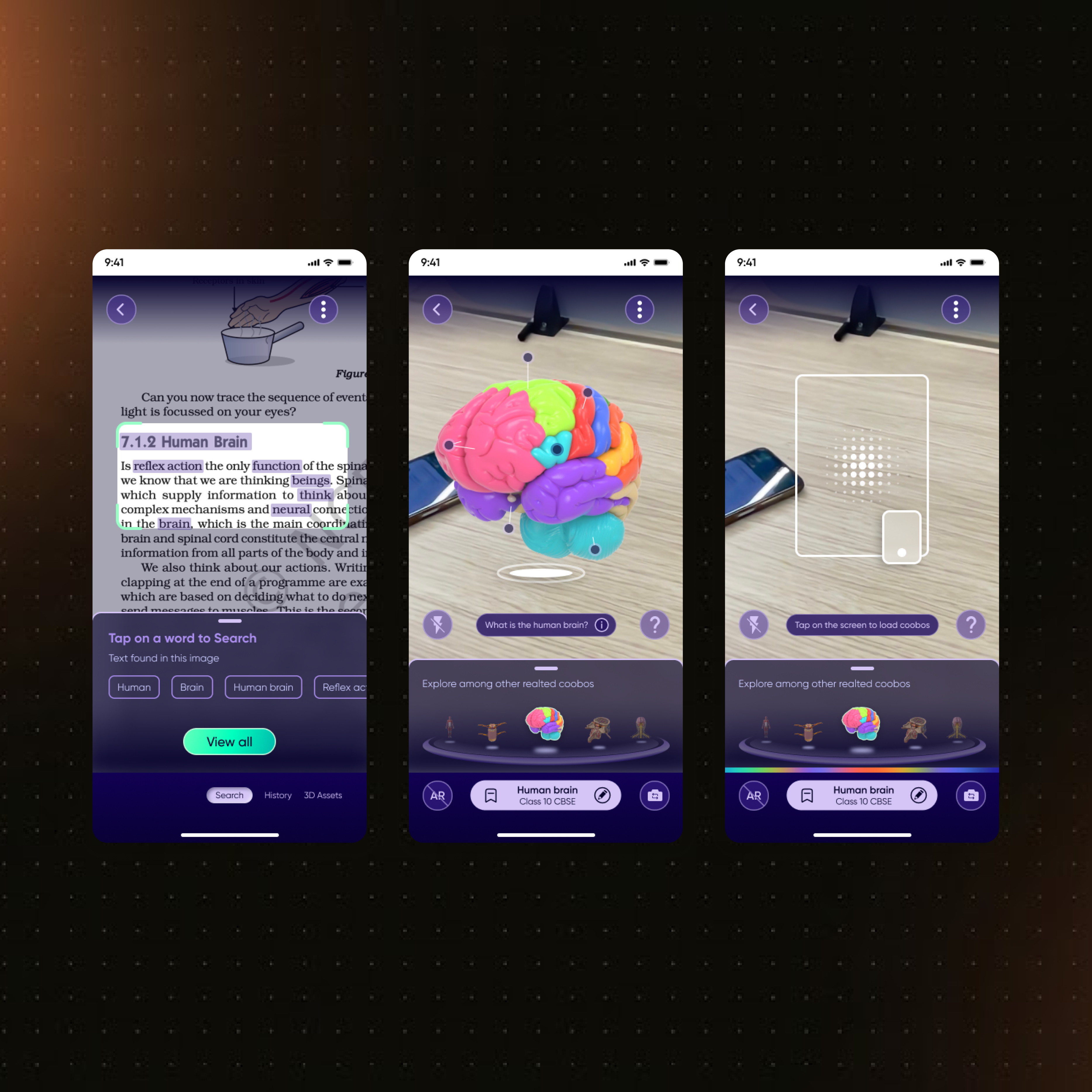 Lens iteration 1 screens — tap-to-search text, 3D brain viewer, AR placement