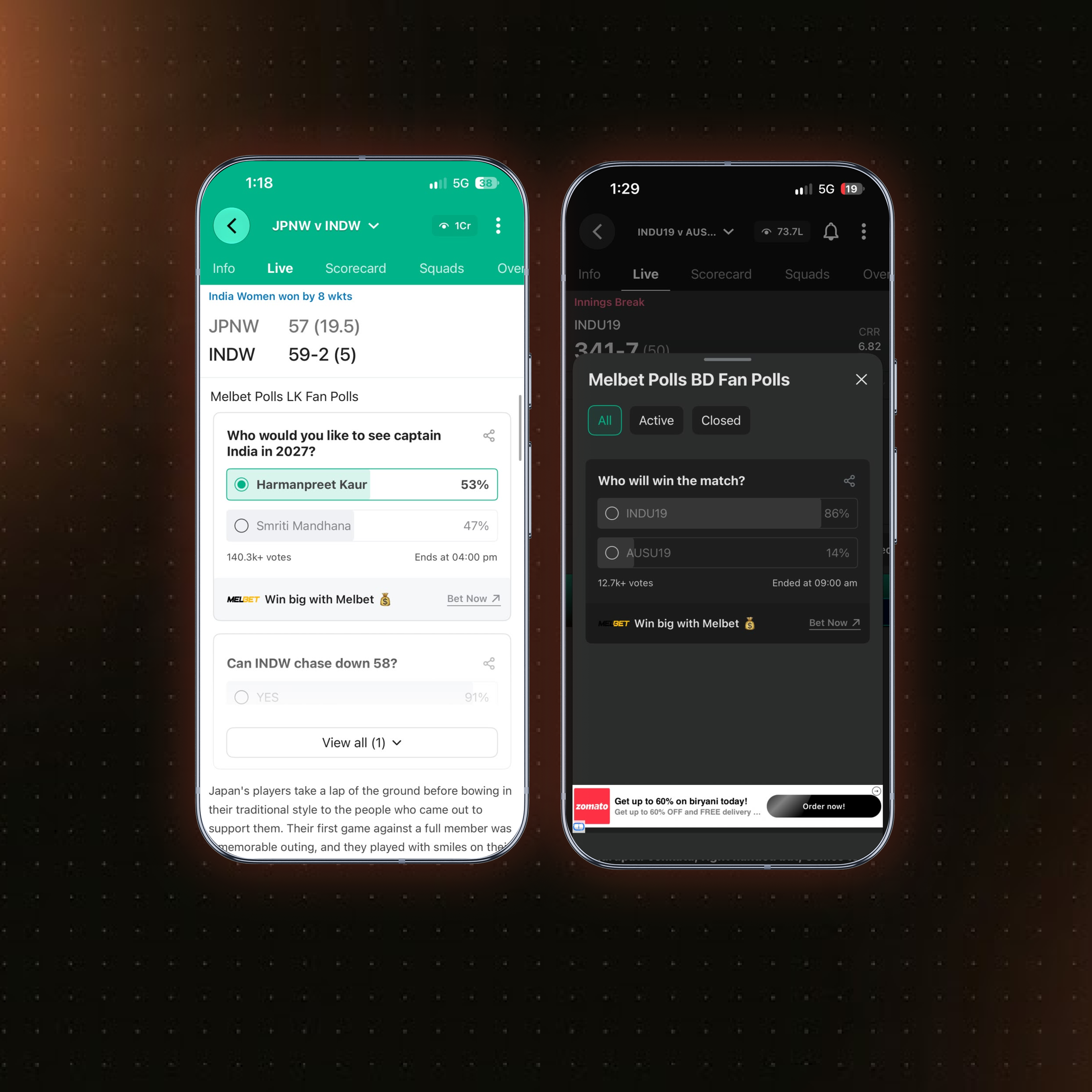 Melbet brand-sponsored fan polls live in the match centre