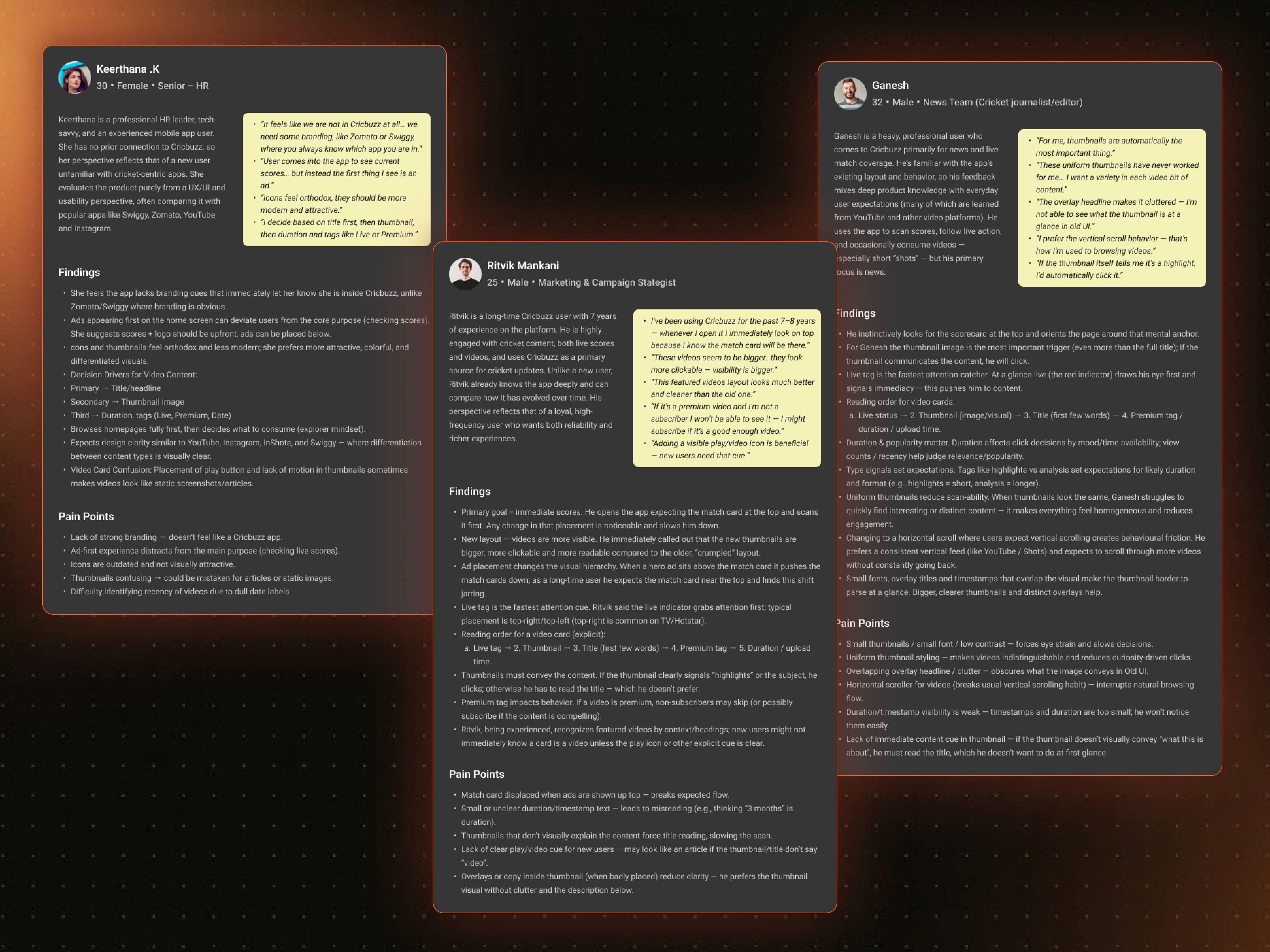 Persona interview research board — Keerthana, Ritvik, Ganesh